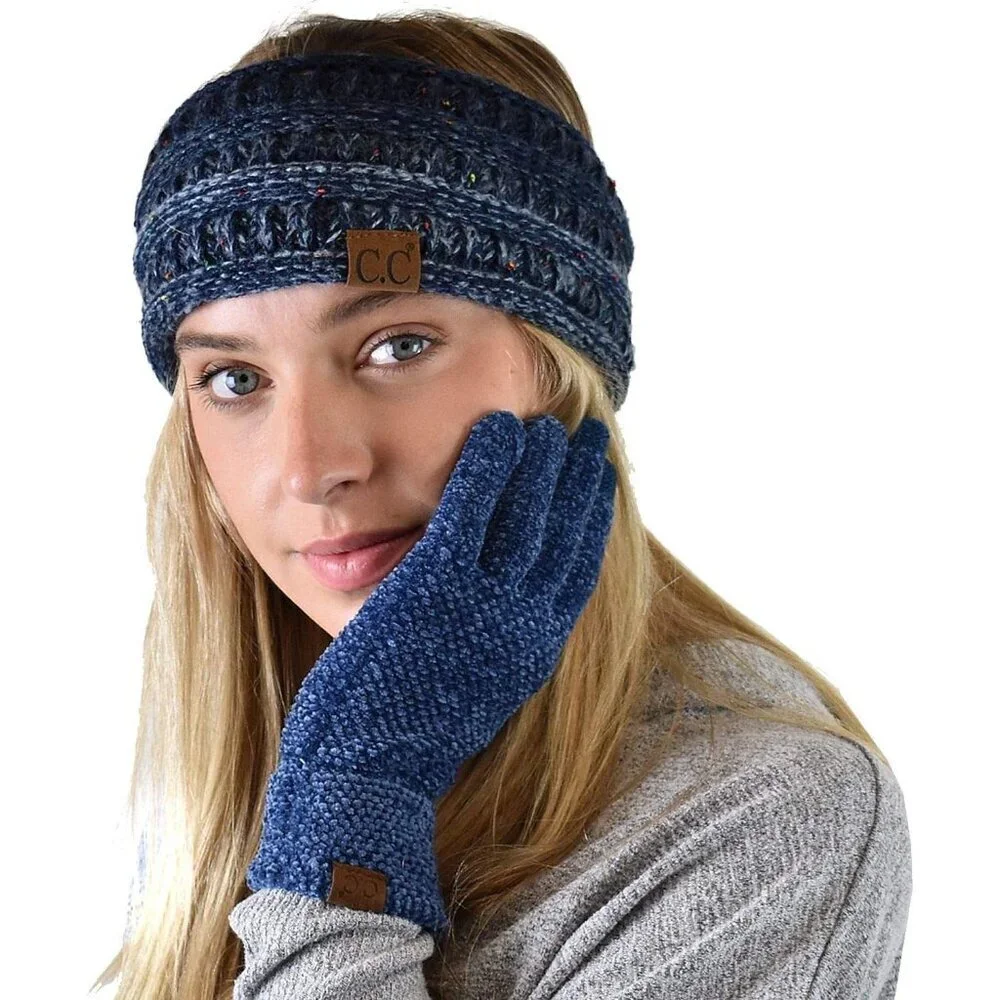 Women's Dark Denim Winter Warm Eco-friendly Chenille Touchscreen Texting Gloves